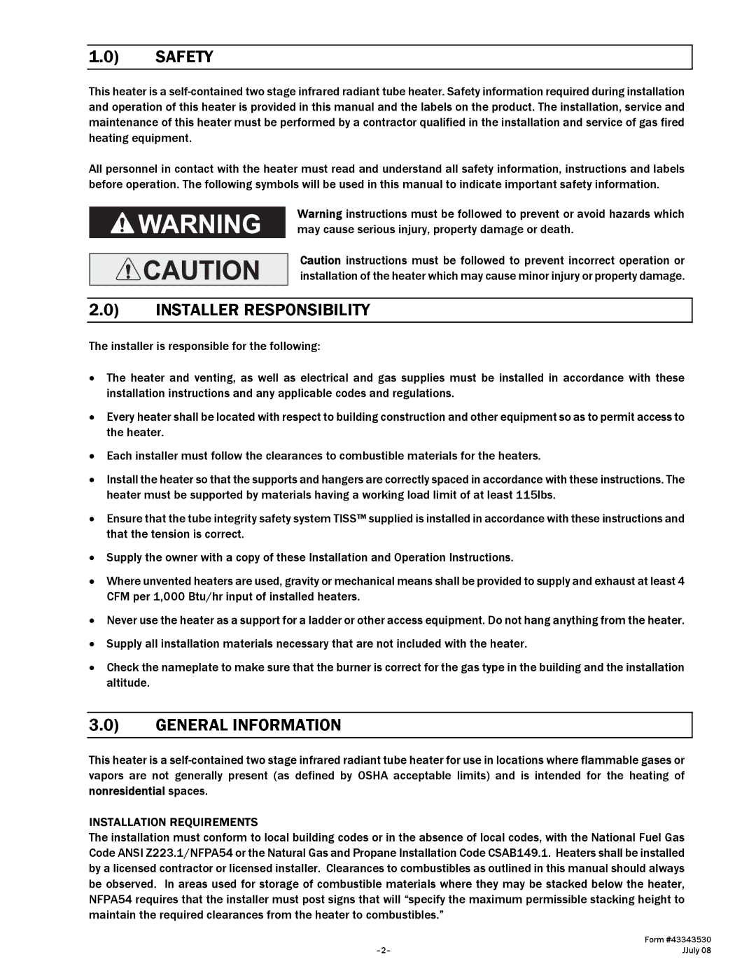 Gas-Fired Products 100, 75, 50, N7/L7, 40 Safety, Installer Responsibility, General Information, Installation Requirements 