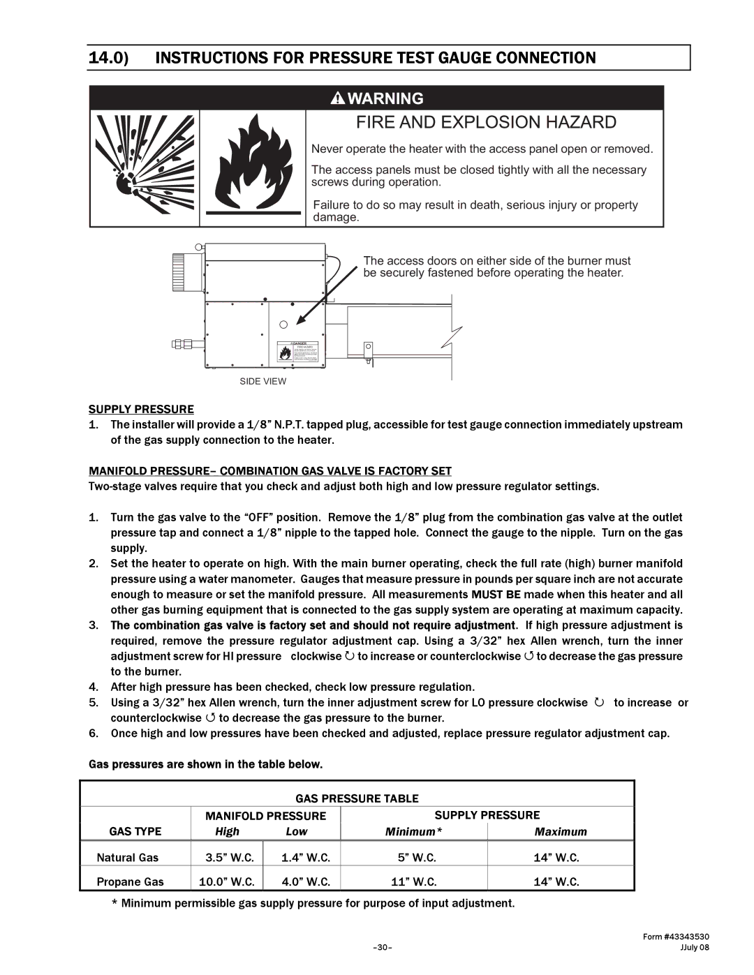 Gas-Fired Products 200, N7/L7, 100, 40, 150, 175 manual Instructions for Pressure Test Gauge Connection, Supply Pressure 