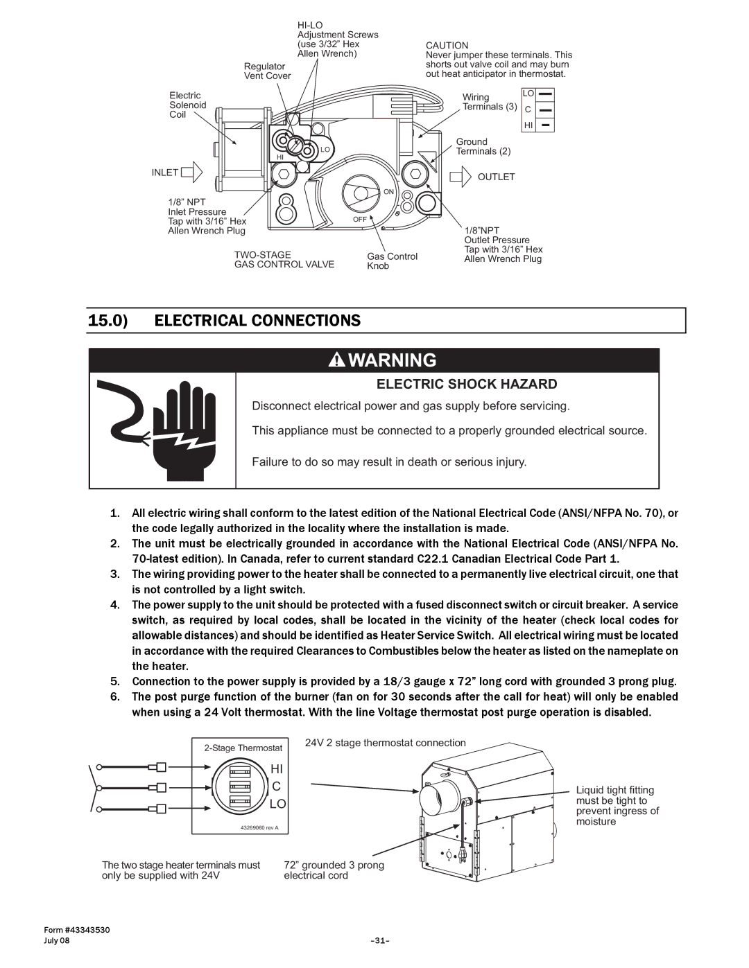 Gas-Fired Products N7/L7, 100, 40, 150, 175, 200 manual Electrical Connections, GAS Control Valve 