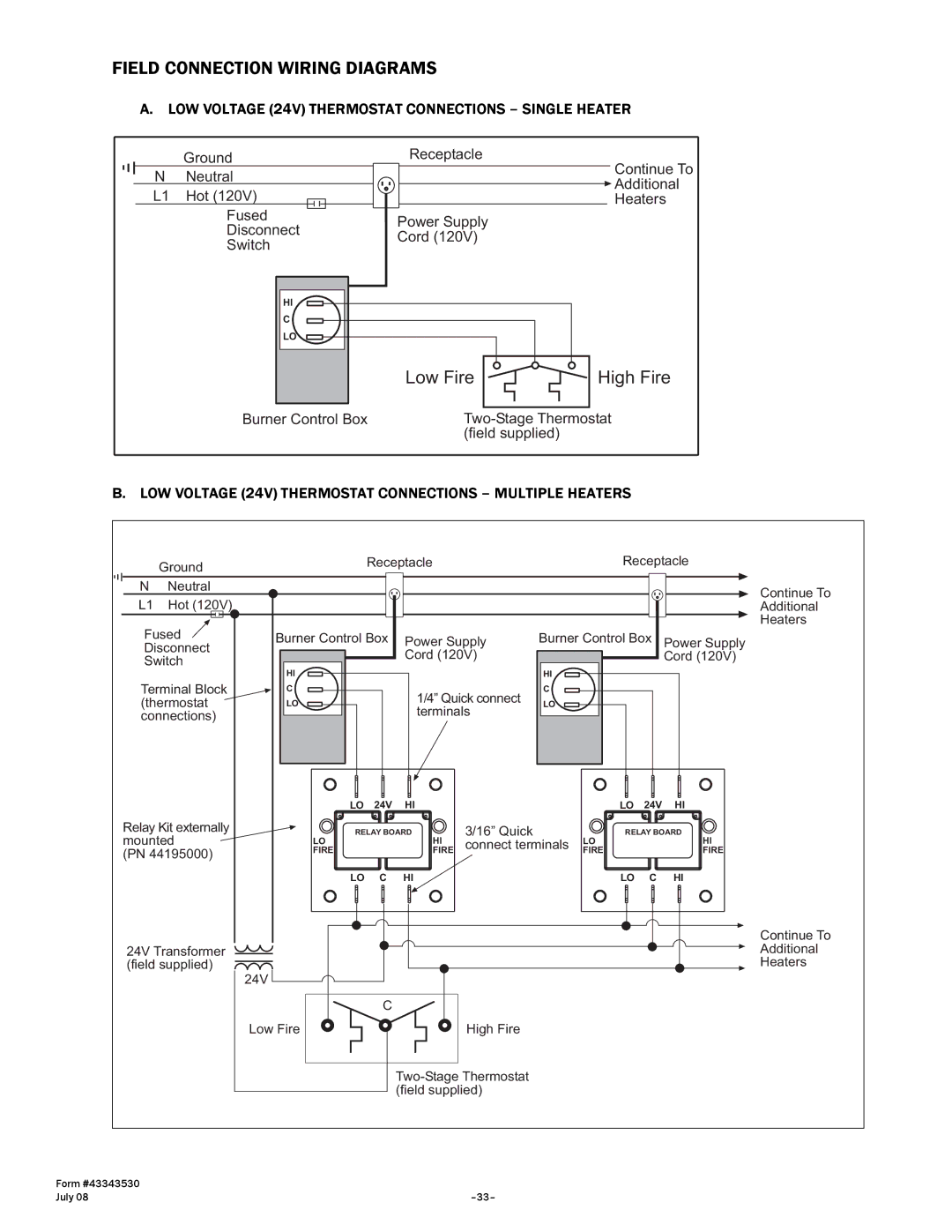 Gas-Fired Products N7/L7, 100, 40, 150, 175, 200 manual LOW Voltage 24V Thermostat Connections Single Heater 