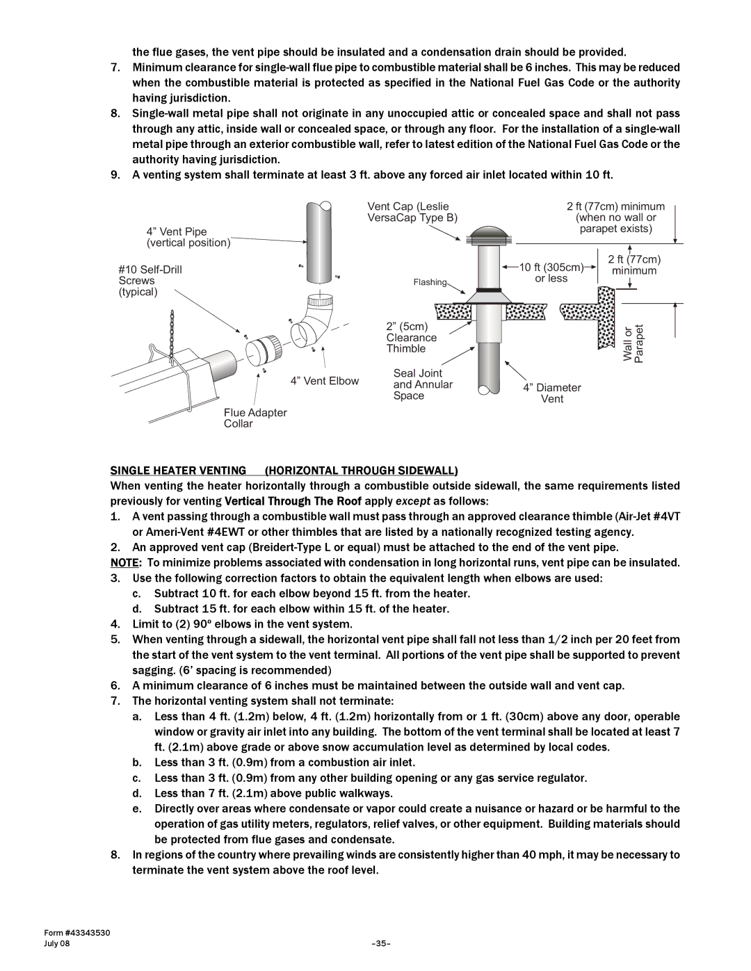 Gas-Fired Products 40, N7/L7, 100, 150, 175, 200 manual Single Heater Venting Horizontal Through Sidewall 