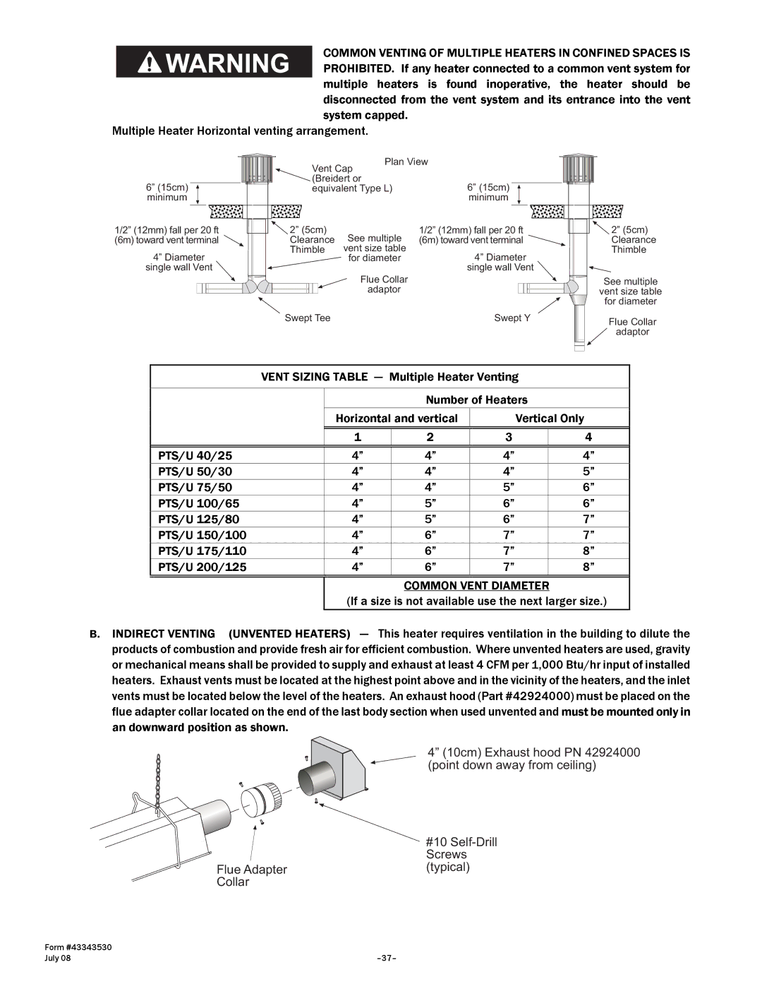 Gas-Fired Products 175, N7/L7, 100, 40, 150, 200 manual Common Vent Diameter, Indirect Venting Unvented Heaters 