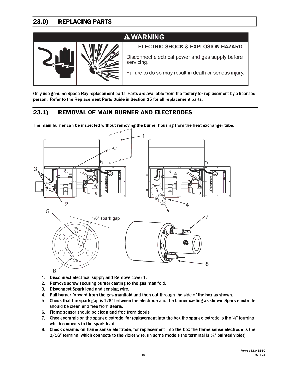 Gas-Fired Products 200, N7/L7, 100, 40, 150, 175 manual Replacing Parts, Removal of Main Burner and Electrodes 