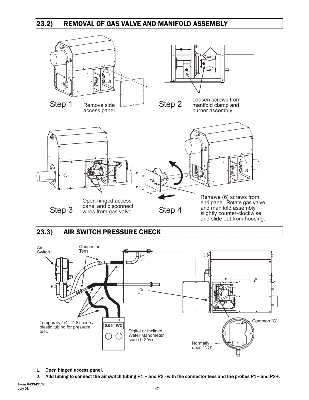 Gas-Fired Products N7/L7, 100, 40, 150, 175, 200 Removal of GAS Valve and Manifold Assembly, AIR Switch Pressure Check 