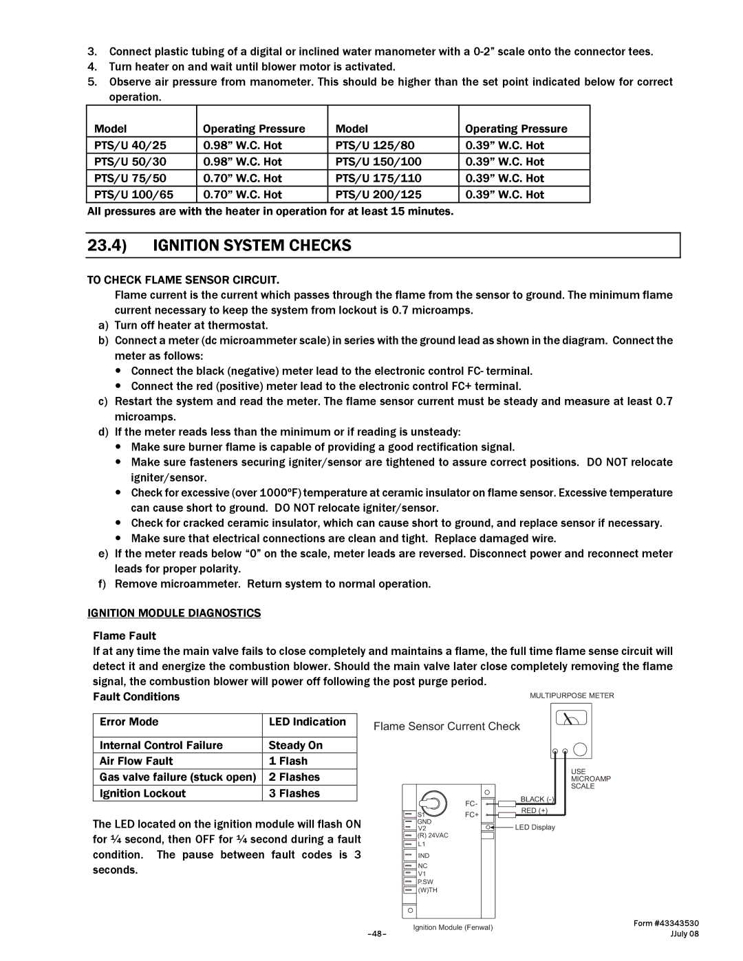 Gas-Fired Products 50, 75, N7/L7, 100, 40 Ignition System Checks, To Check Flame Sensor Circuit, Ignition Module Diagnostics 