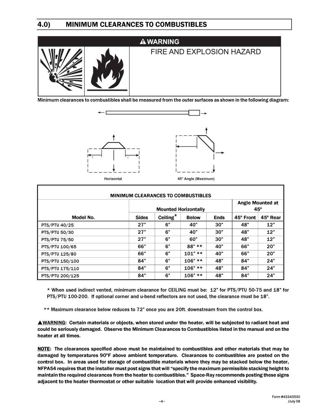 Gas-Fired Products 150, N7/L7, 100, 40, 175, 200 manual Minimum Clearances to Combustibles 