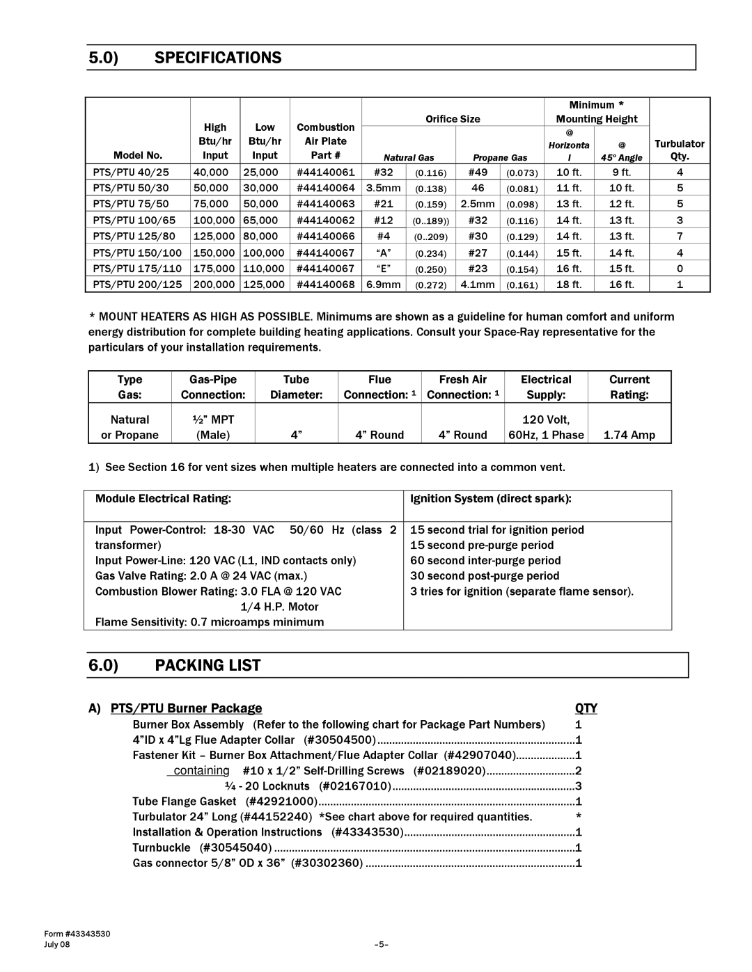 Gas-Fired Products 175, N7/L7, 100, 40, 150, 200 manual Specifications, Packing List 