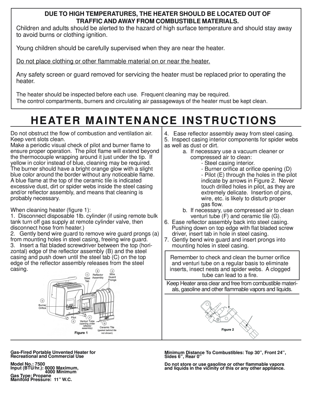 Gas-Fired Products 7500 owner manual Heater Maintenance Instructions, Traffic And Away From Combustible Materials 