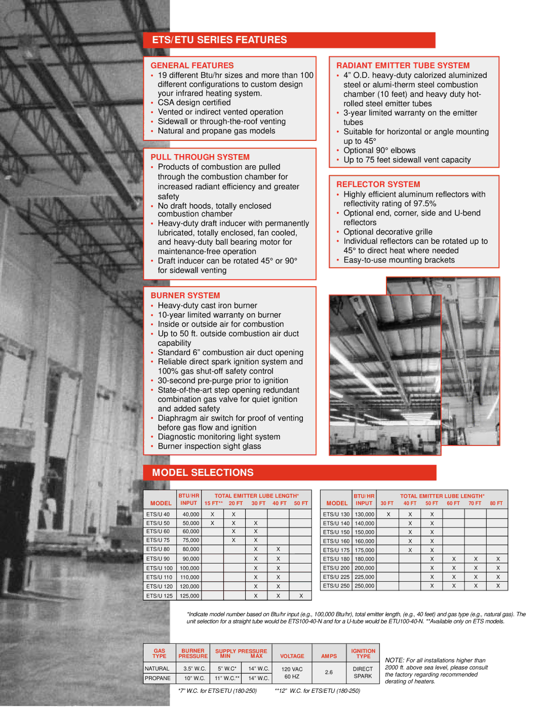 Gas-Fired Products ETS Series specifications ETS/ETU Series Features, Model Selections 