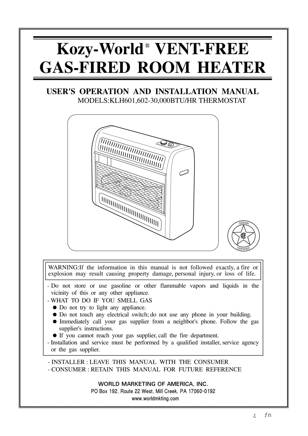 Gas-Fired Products 602-30, KLH601 installation manual GAS-FIRED Room Heater 