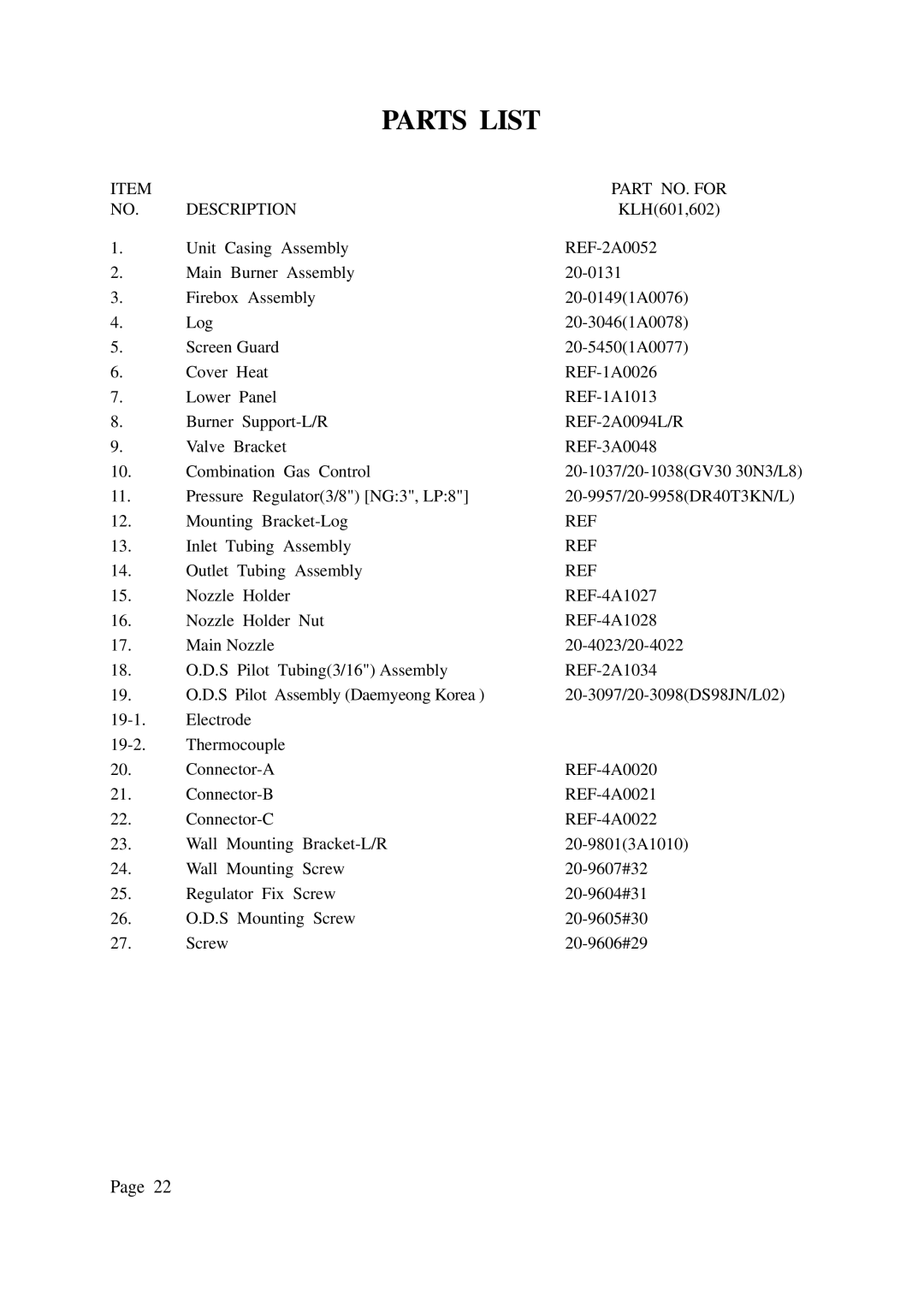 Gas-Fired Products KLH601, 602-30 installation manual Part NO. for 