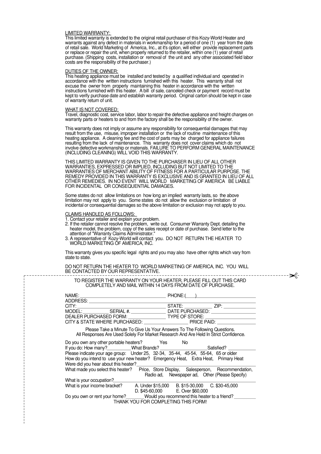 Gas-Fired Products 602-30, KLH601 installation manual Limited Warranty 