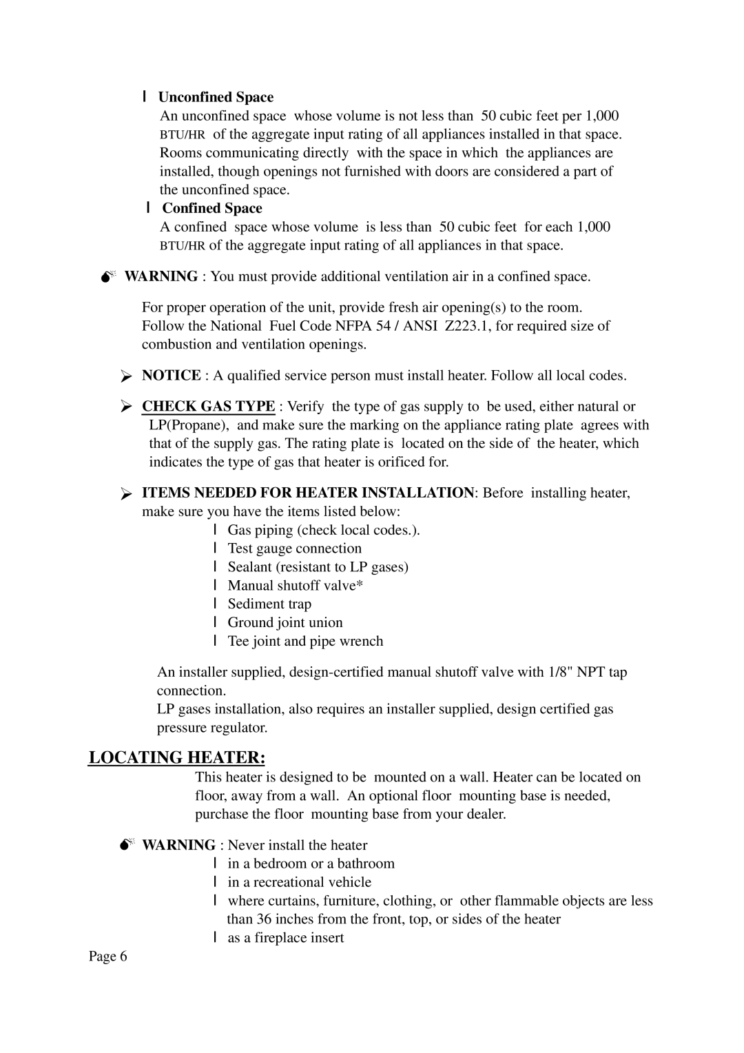 Gas-Fired Products KLH601, 602-30 installation manual Locating Heater, Unconfined Space, Confined Space 