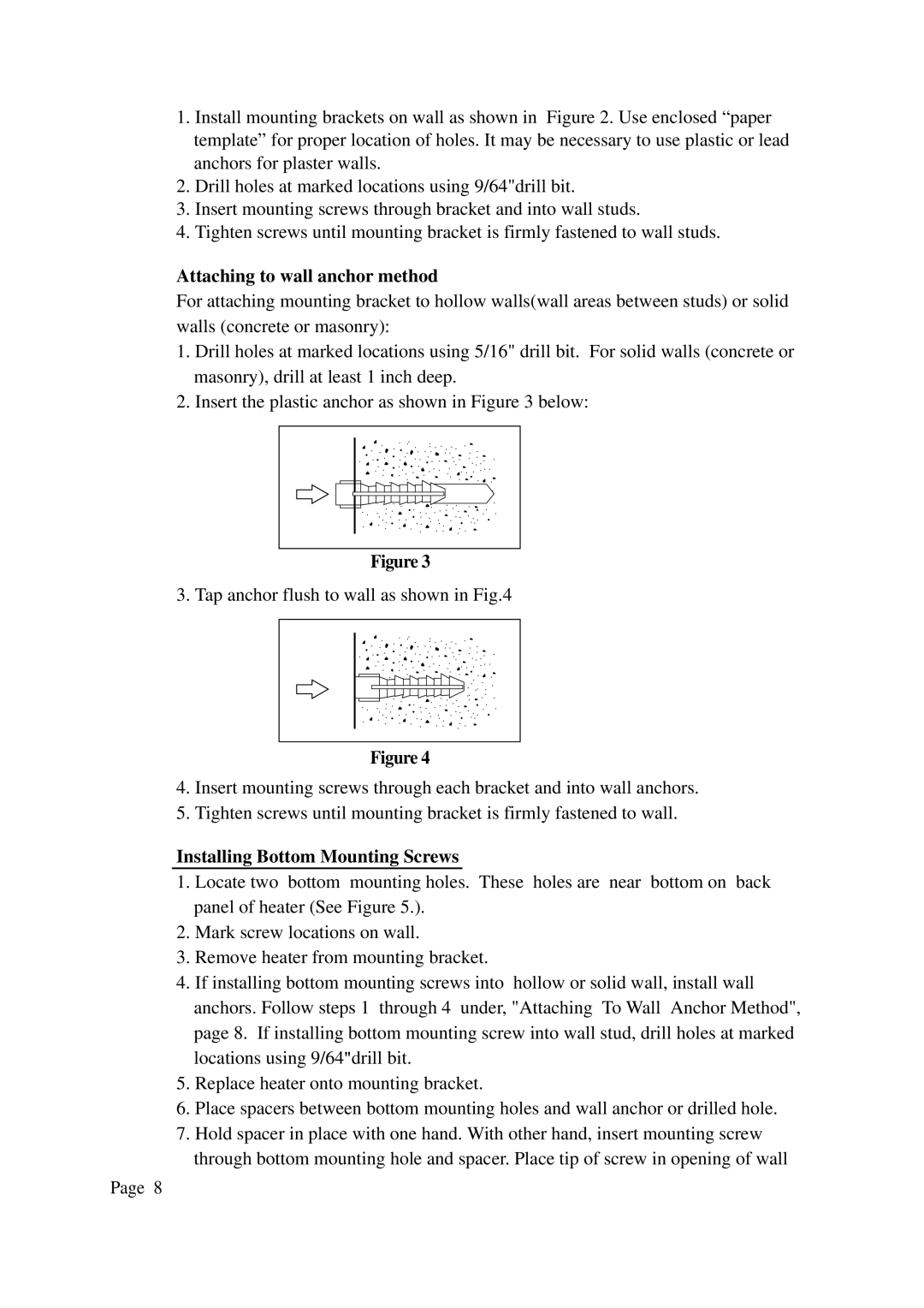 Gas-Fired Products KLH601, 602-30 installation manual Attaching to wall anchor method, Installing Bottom Mounting Screws 