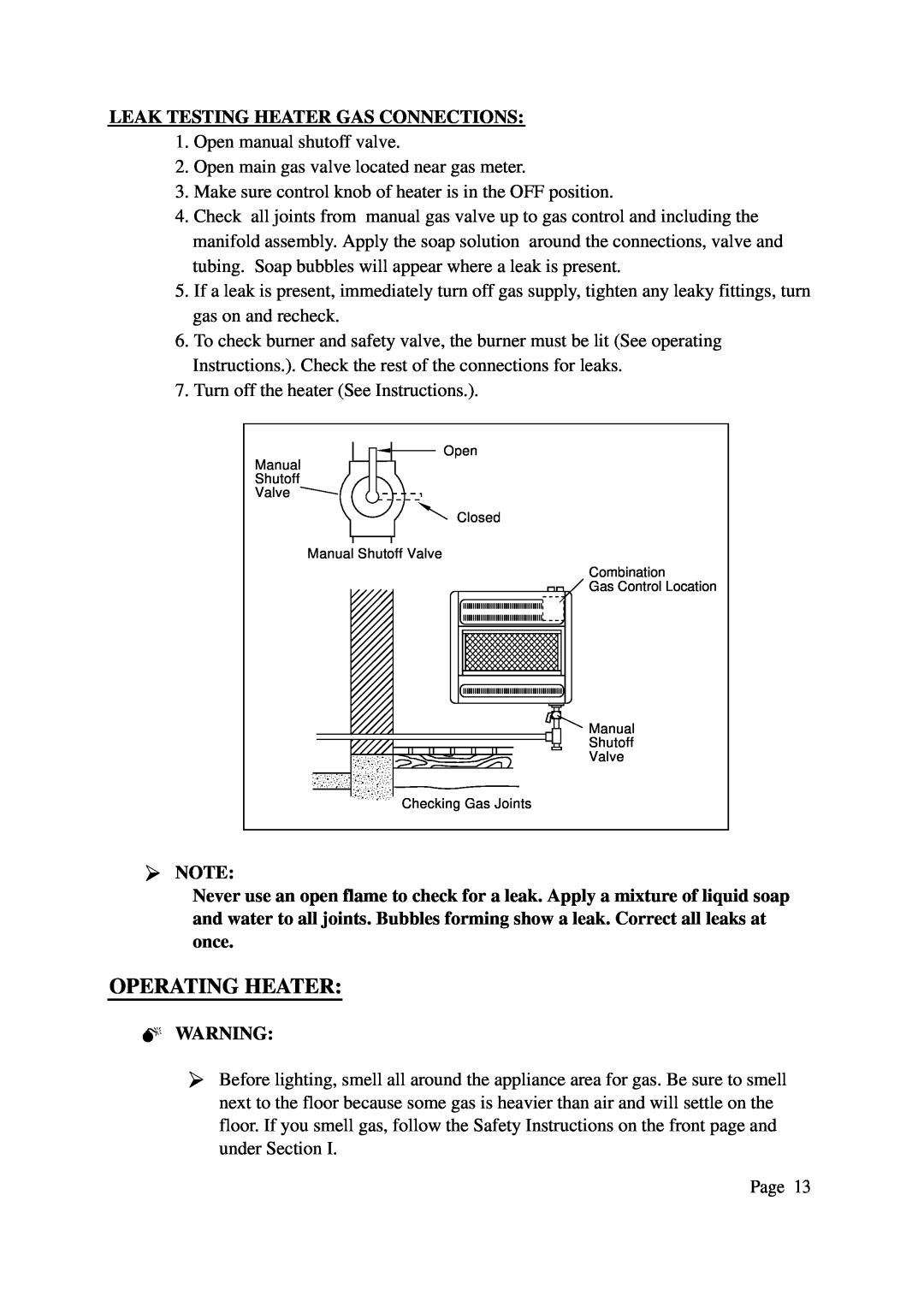 Gas-Fired Products 602-30, KLH601 installation manual Operating Heater, Leak Testing Heater Gas Connections 