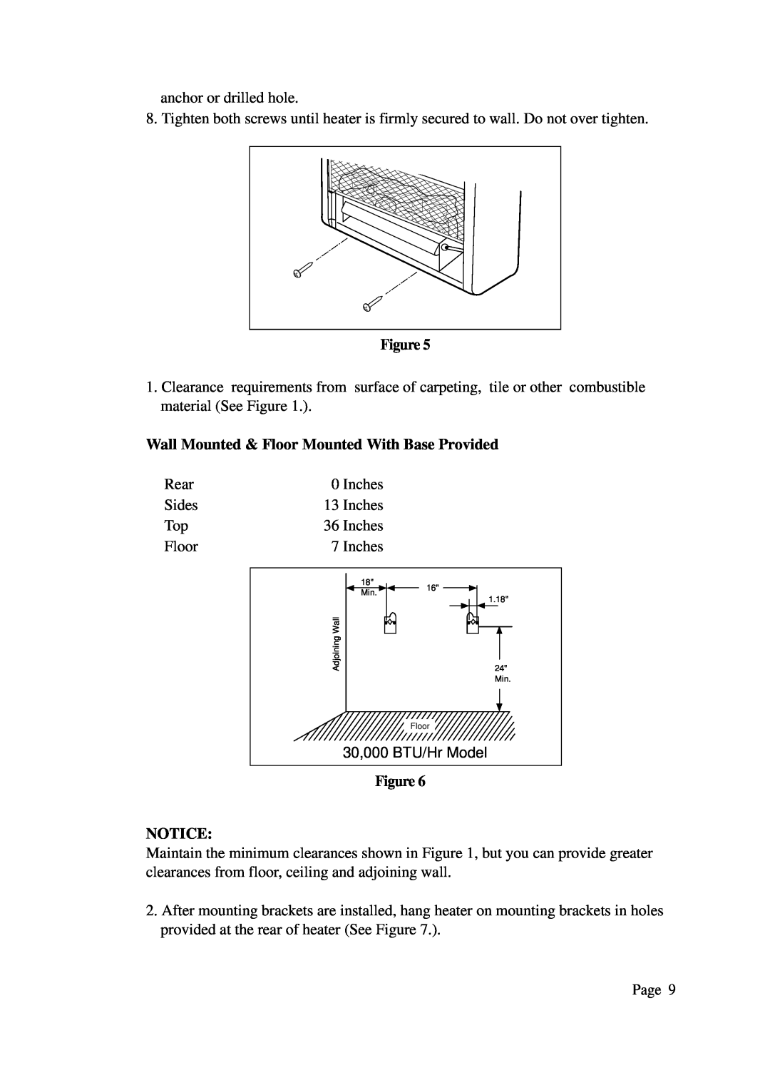 Gas-Fired Products 602-30, KLH601 installation manual Wall Mounted & Floor Mounted With Base Provided, Figure NOTICE 