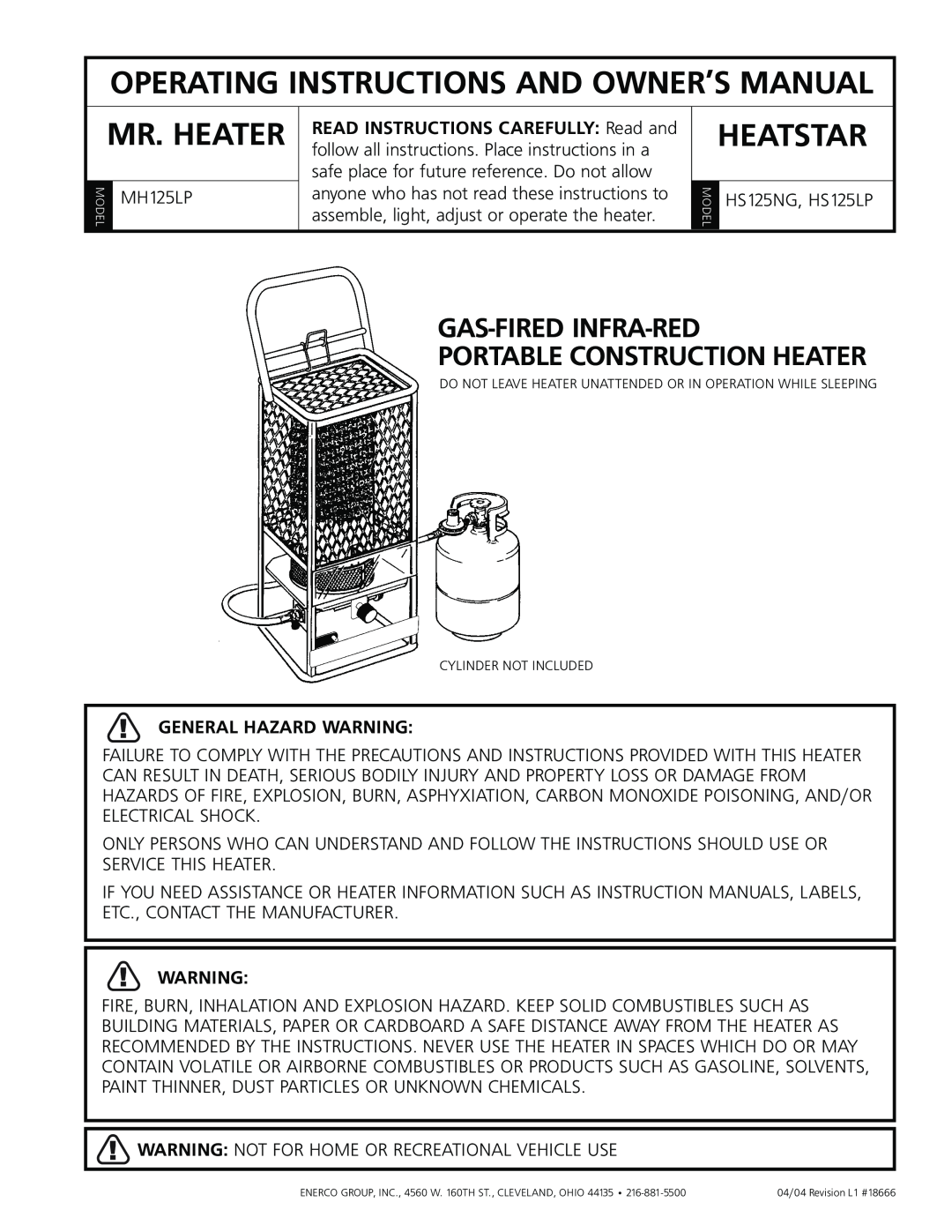 Gas-Fired Products HS125NG manual Operating Instructions And Owner’S Manual, Mr. Heater, Heatstar, General Hazard Warning 