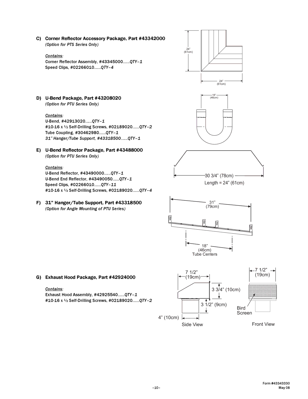 Gas-Fired Products PTU Series, PTS Series manual Exhaust Hood Package 