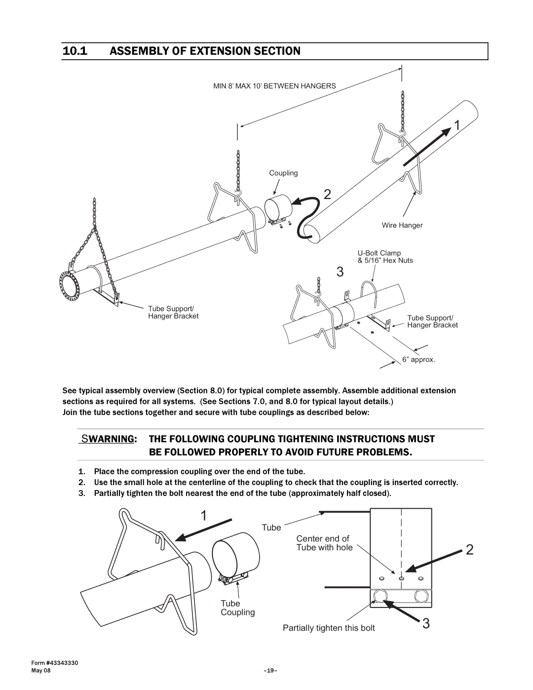 Gas-Fired Products PTS Series, PTU Series manual Assembly of Extension Section, MIN 8’ MAX 10’ Between Hangers 