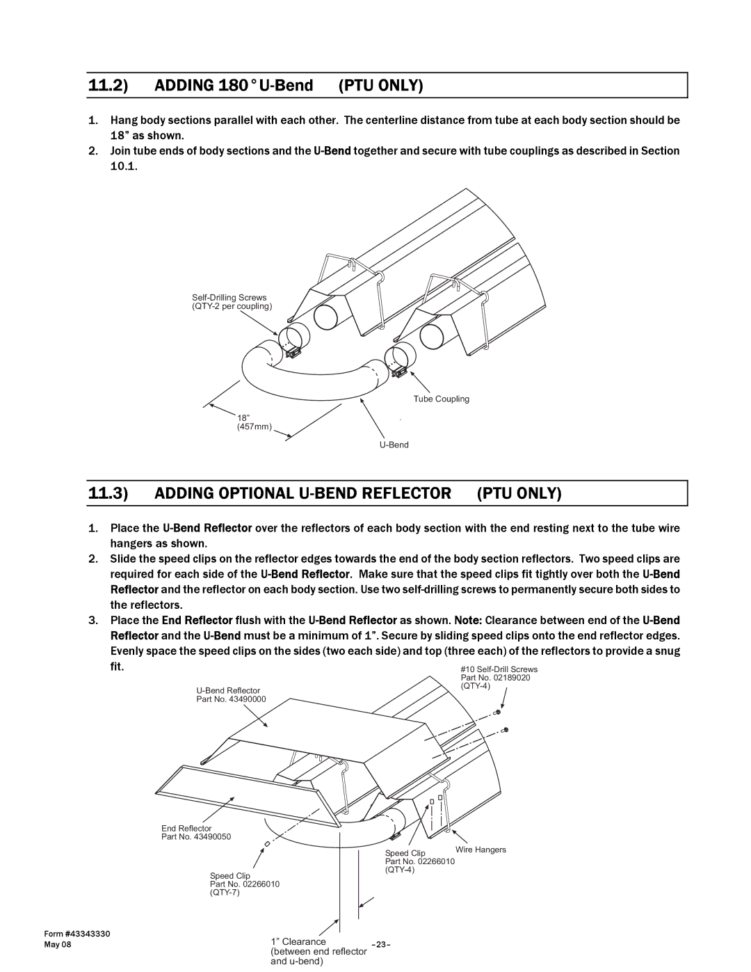 Gas-Fired Products PTS Series, PTU Series manual Adding 180U-Bend PTU only, Adding Optional U-BEND Reflector PTU only 