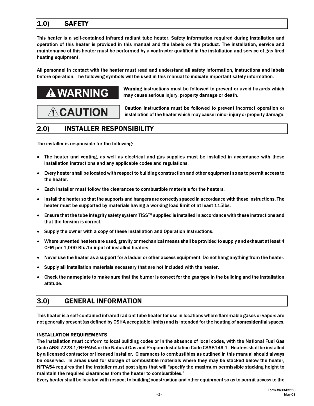 Gas-Fired Products PTU Series, PTS Series Safety, Installer Responsibility, General Information, Installation Requirements 