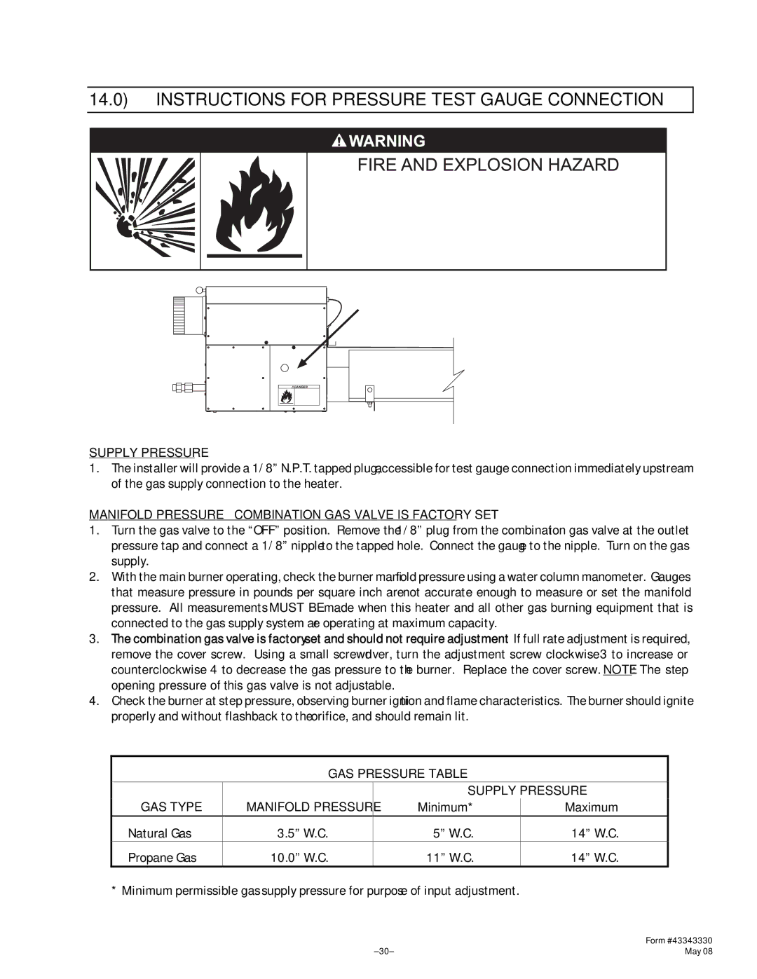 Gas-Fired Products PTU Series, PTS Series manual Instructions for Pressure Test Gauge Connection, Supply Pressure 