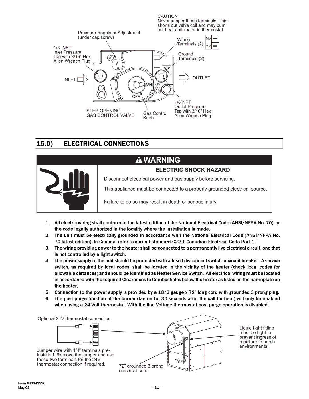 Gas-Fired Products PTS Series, PTU Series manual Electrical Connections, STEP-OPENING GAS Control Valve 