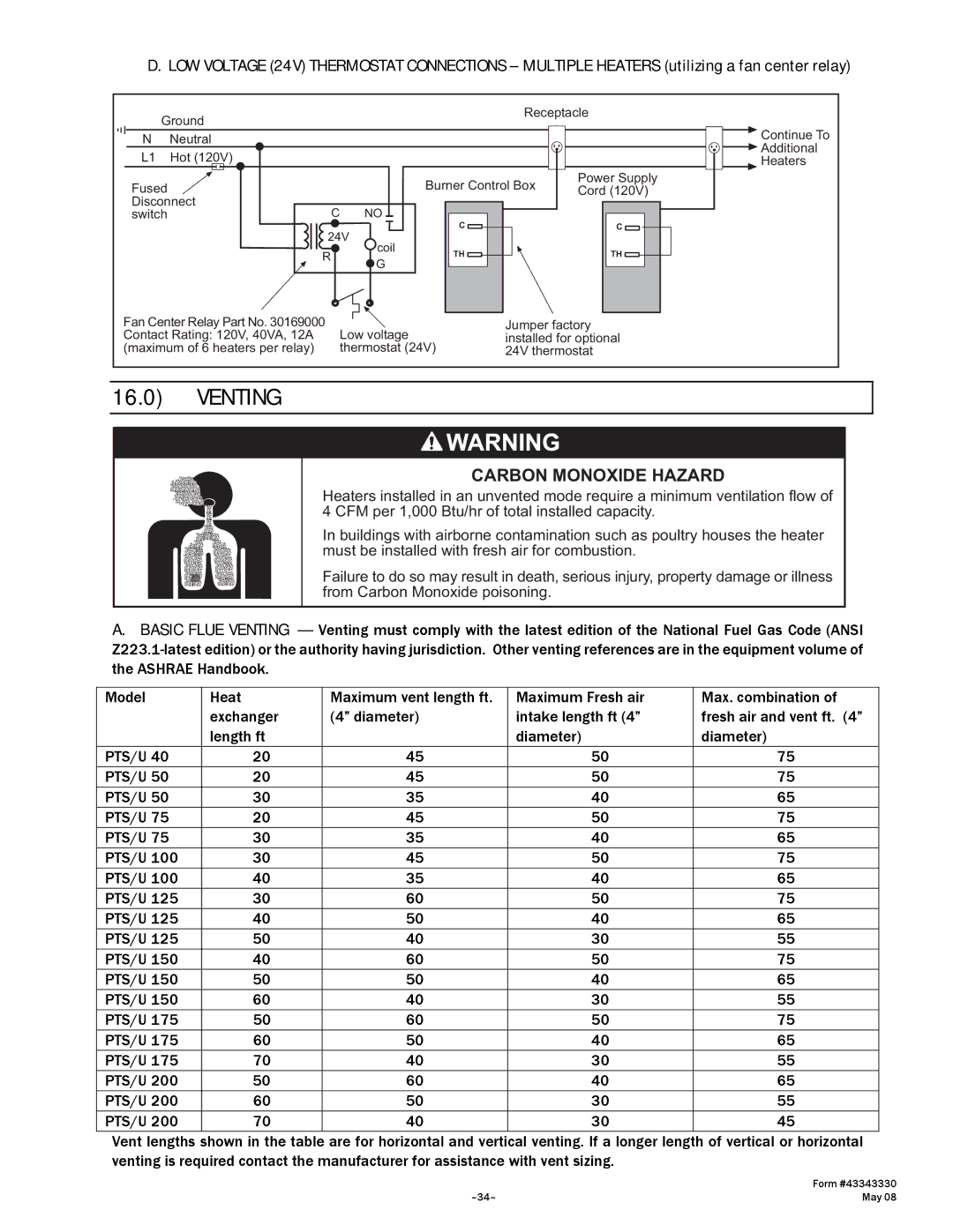 Gas-Fired Products PTU Series, PTS Series manual Venting, Carbon Monoxide Hazard 