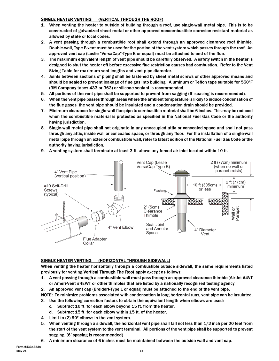 Gas-Fired Products PTS Series, PTU Series manual Single Heater Venting Vertical Through the Roof 