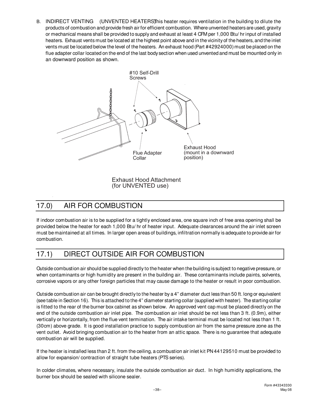 Gas-Fired Products PTU Series, PTS Series manual Direct Outside AIR for Combustion 