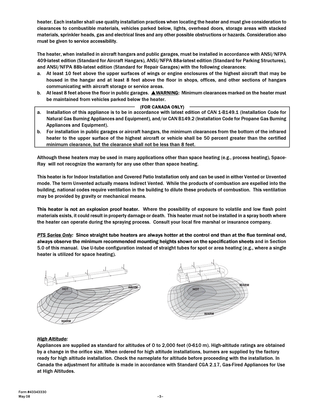 Gas-Fired Products PTS Series, PTU Series manual For Canada only, High Altitude 