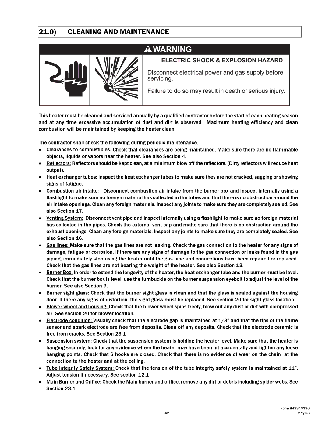 Gas-Fired Products PTU Series, PTS Series manual Cleaning and Maintenance, Electric Shock & Explosion Hazard 