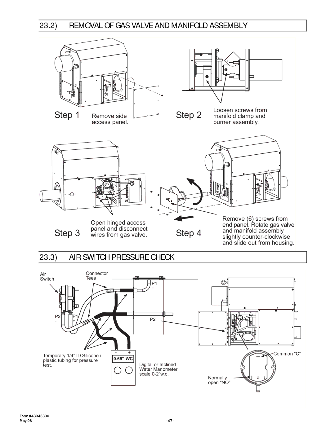 Gas-Fired Products PTS Series, PTU Series manual Removal of GAS Valve and Manifold Assembly, AIR Switch Pressure Check 