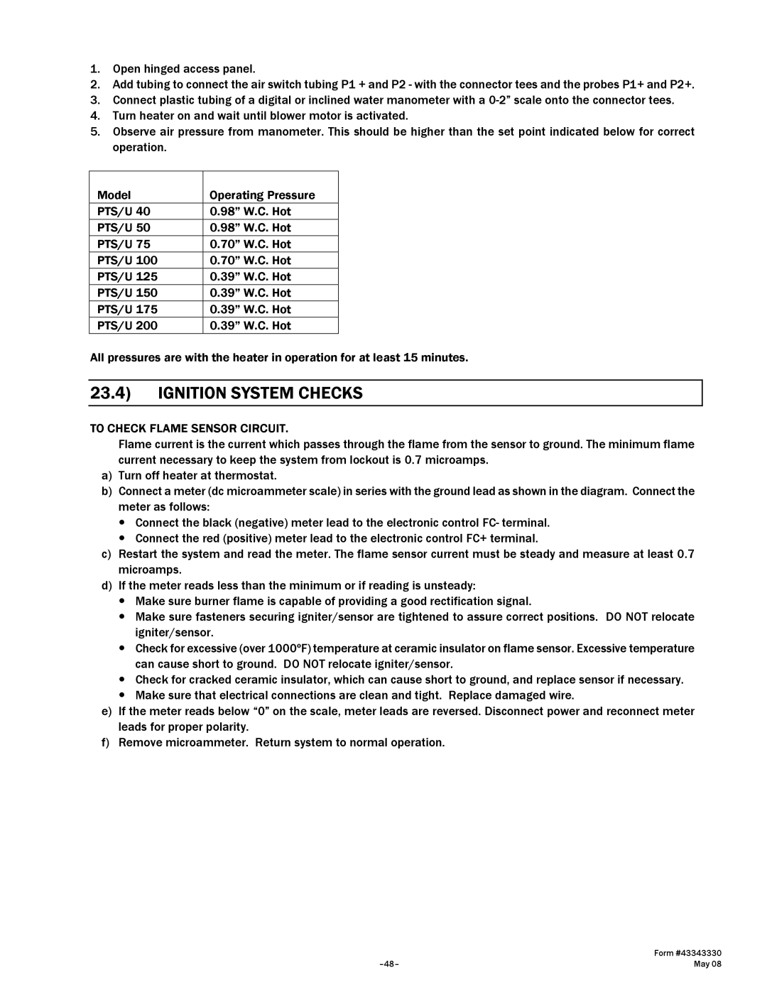 Gas-Fired Products PTU Series, PTS Series manual Ignition System Checks, To Check Flame Sensor Circuit 