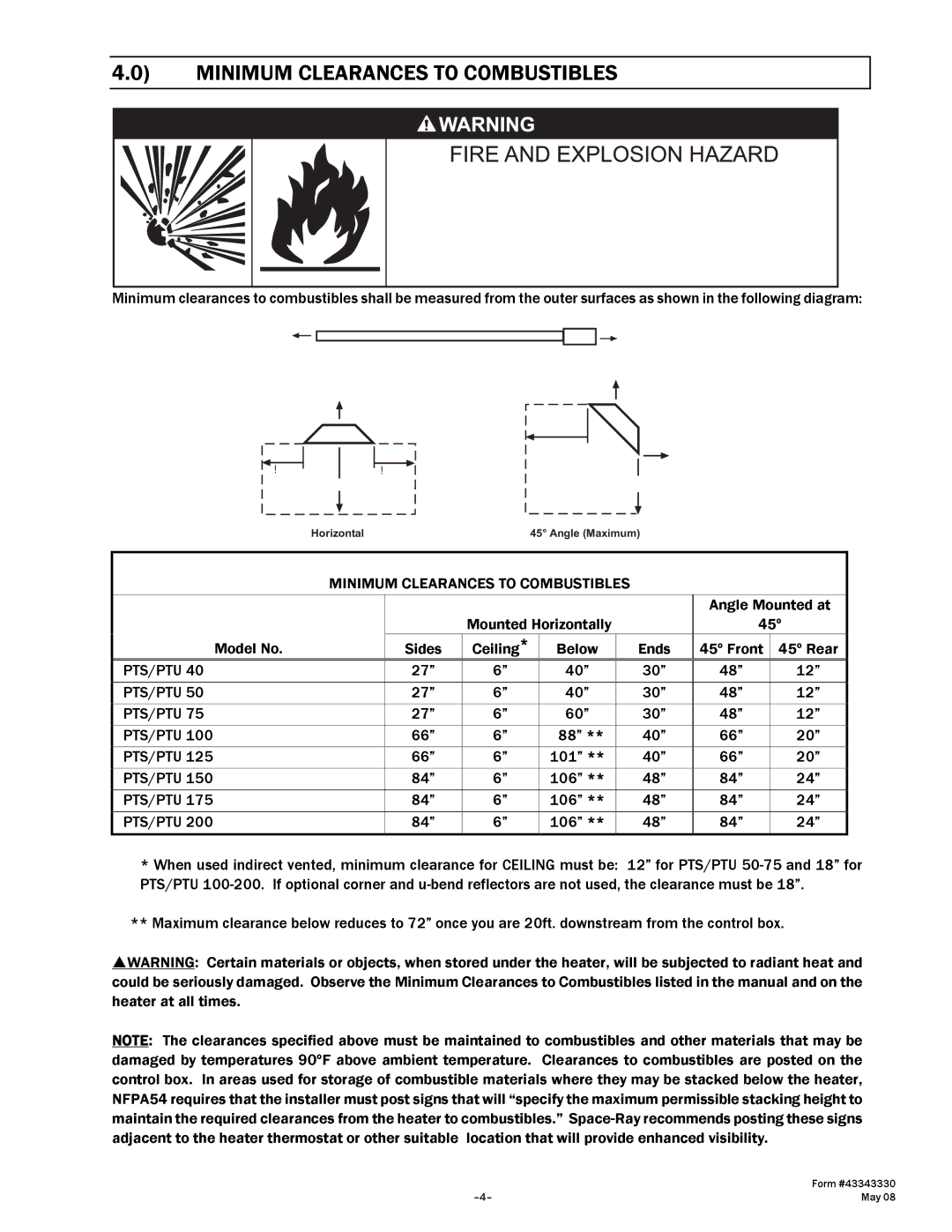 Gas-Fired Products PTU Series, PTS Series manual Minimum Clearances to Combustibles, Pts/Ptu 