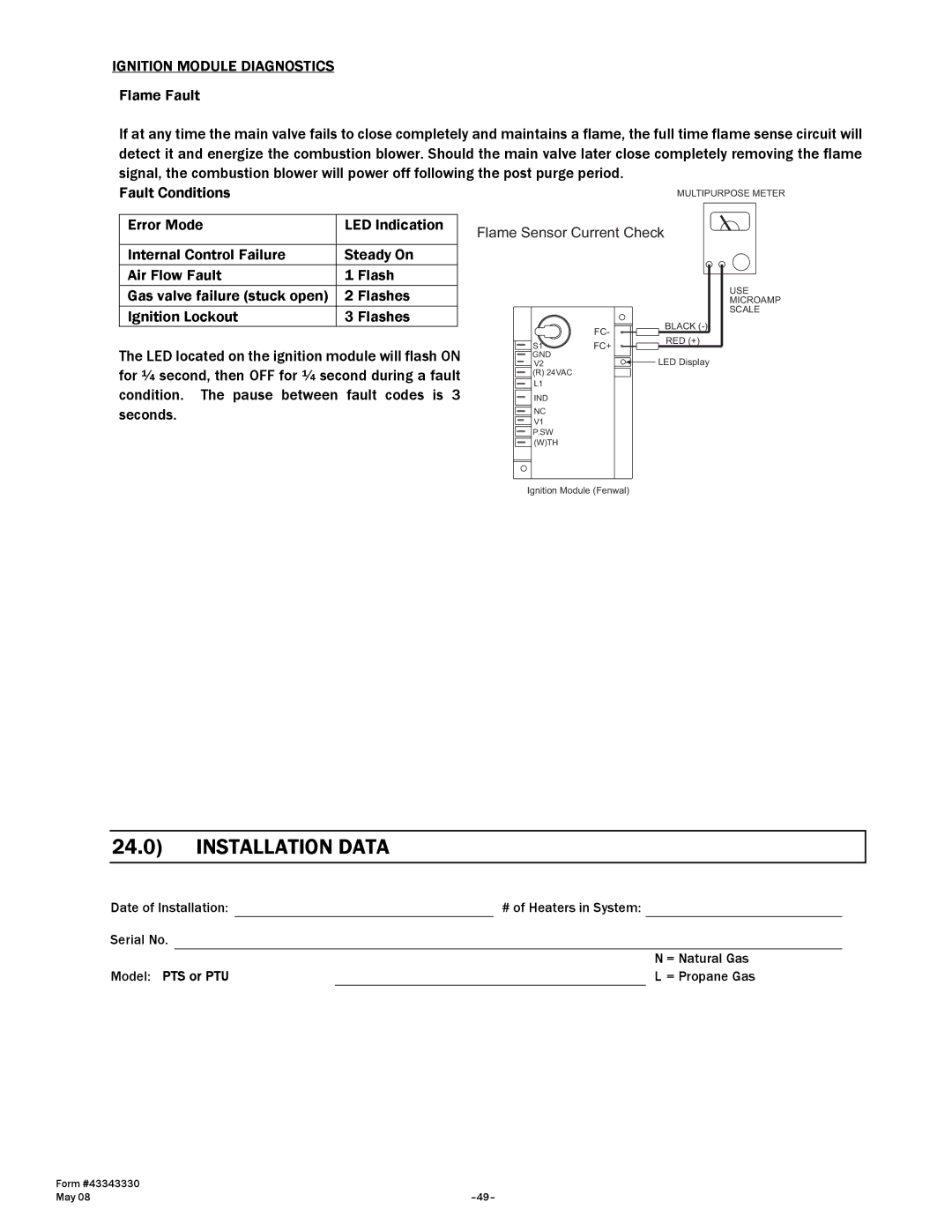 Gas-Fired Products PTS Series, PTU Series manual Installation Data, Ignition Module Diagnostics 