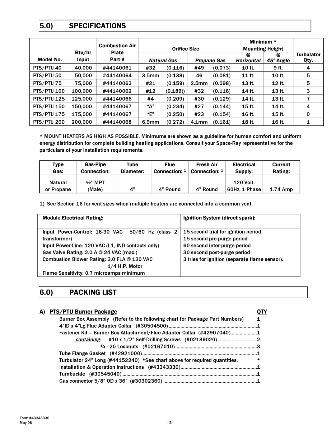 Gas-Fired Products PTS Series, PTU Series manual Specifications, Packing List 