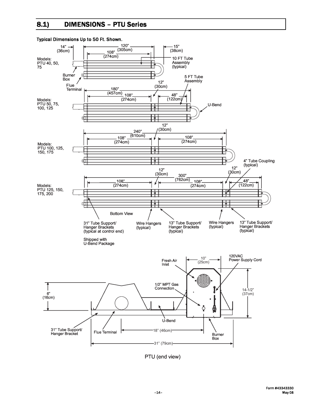 Gas-Fired Products PTS Series manual DIMENSIONS - PTU Series, PTU end view 