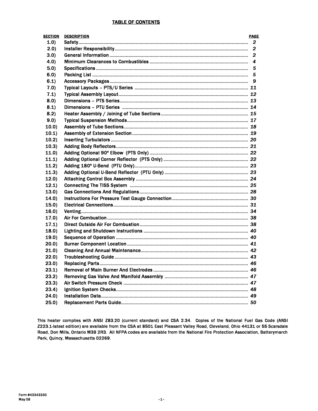 Gas-Fired Products PTS Series, PTU Series manual Table Of Contents 