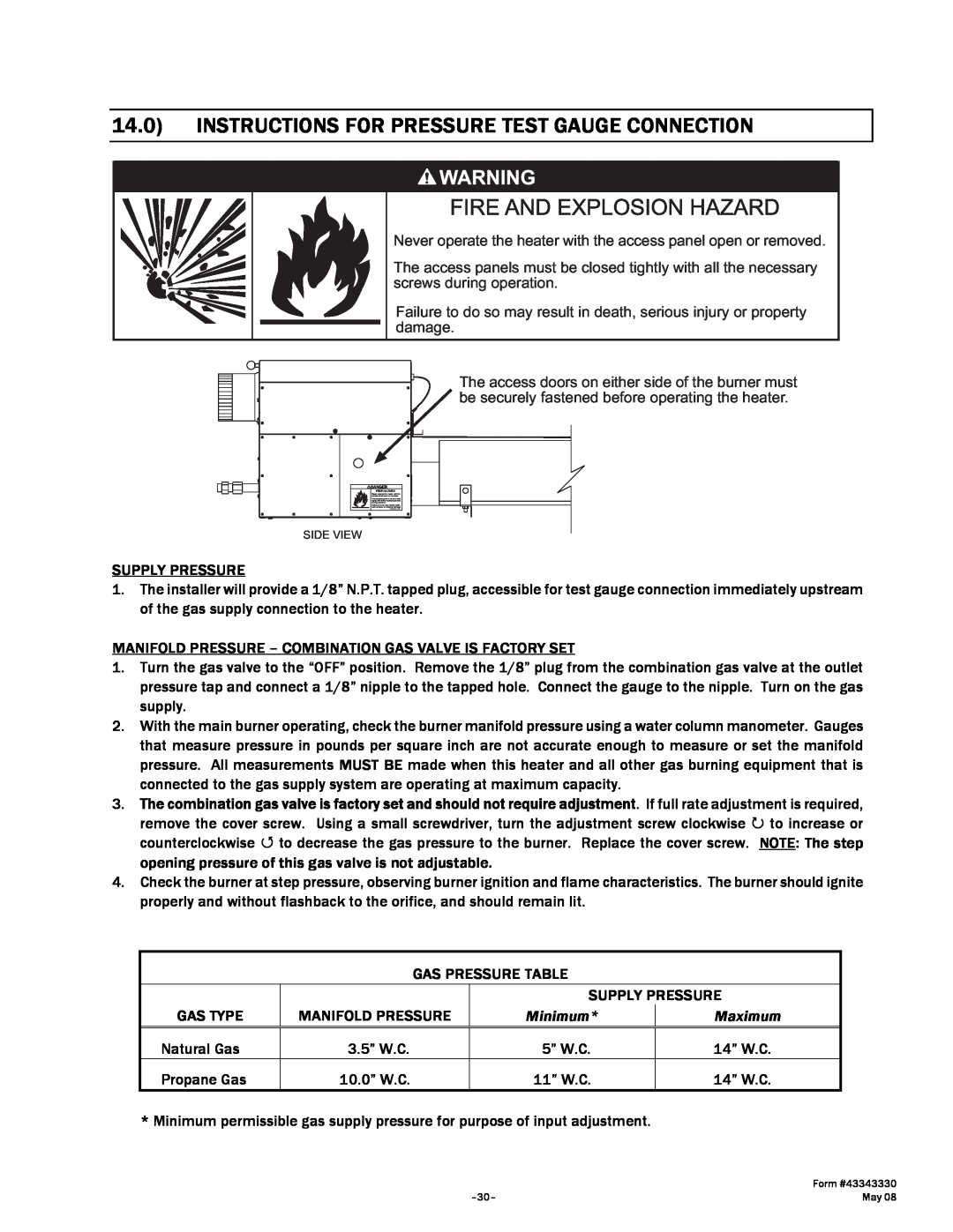 Gas-Fired Products PTU Series, PTS Series manual Supply Pressure 