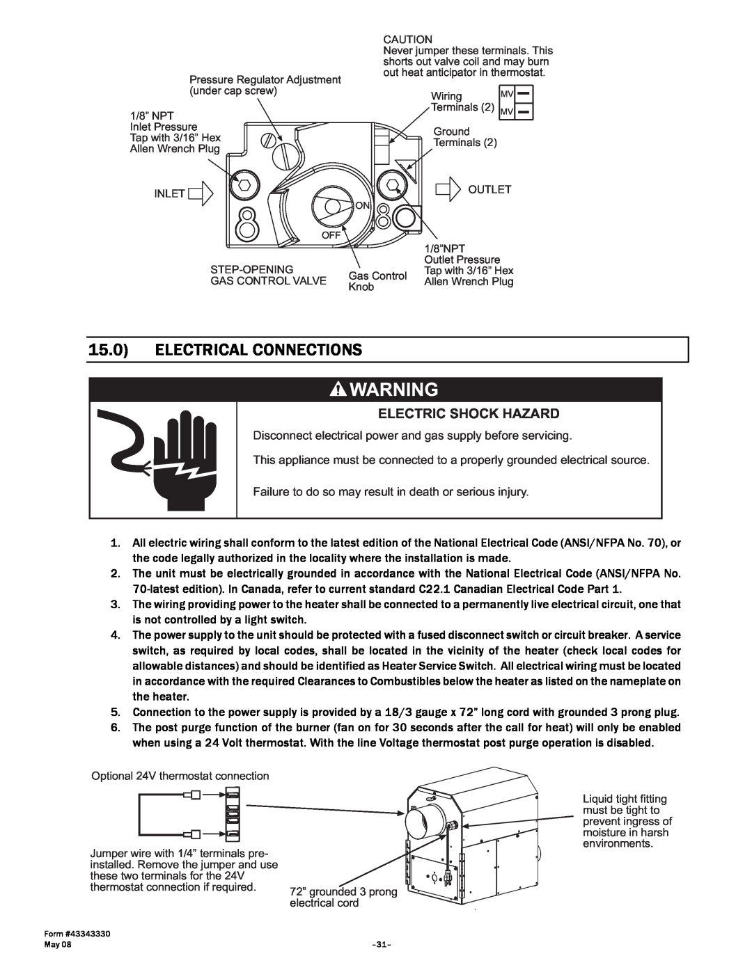 Gas-Fired Products PTS Series, PTU Series manual Electrical Connections, Electric Shock Hazard 