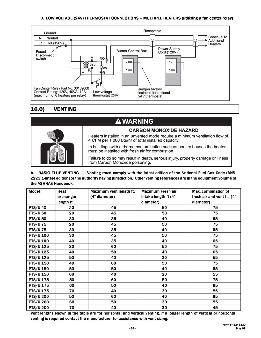 Gas-Fired Products PTU Series, PTS Series manual Venting, Carbon Monoxide Hazard 