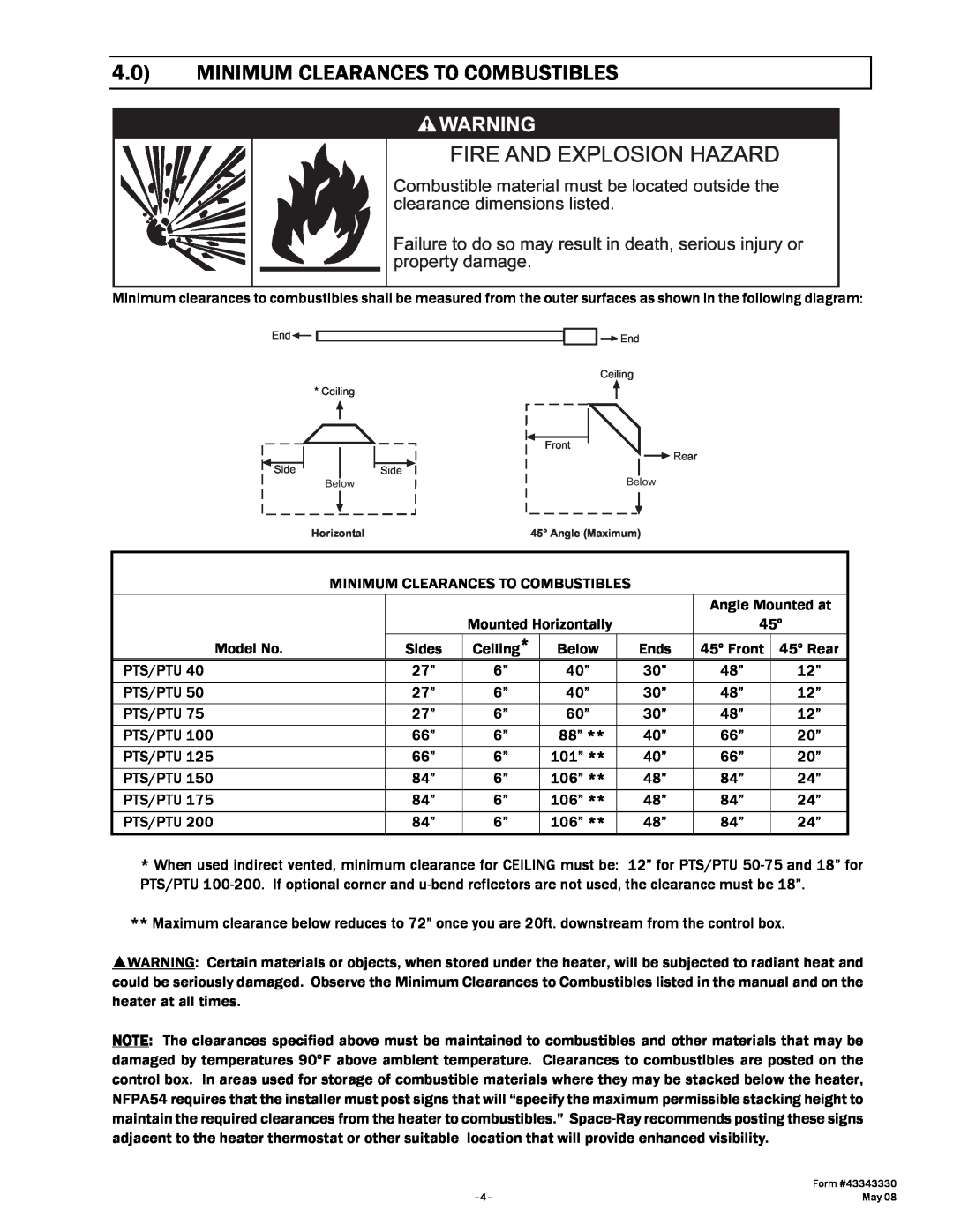 Gas-Fired Products PTU Series, PTS Series manual Minimum Clearances To Combustibles 