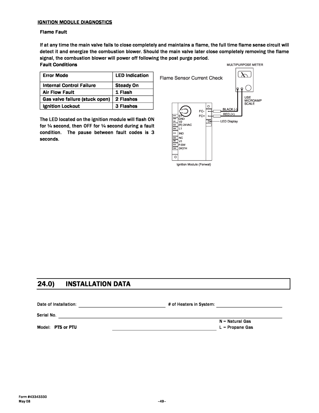 Gas-Fired Products PTS Series, PTU Series manual 24.0, Installation Data 