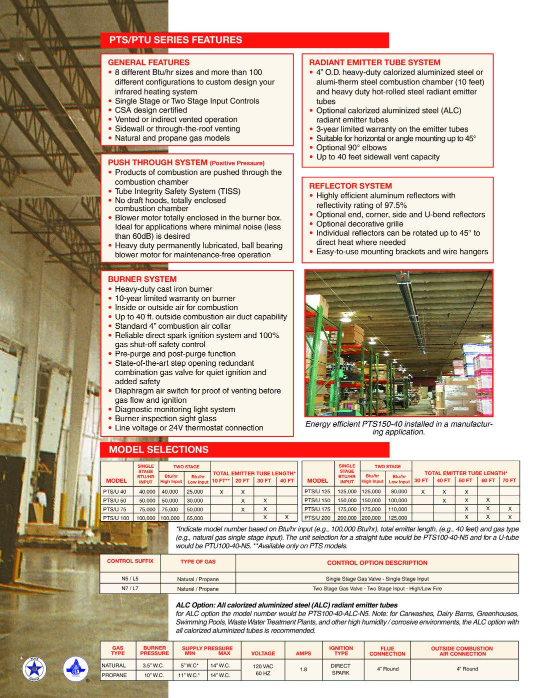 Gas-Fired Products specifications PTS/PTU Series Features, Model Selections 