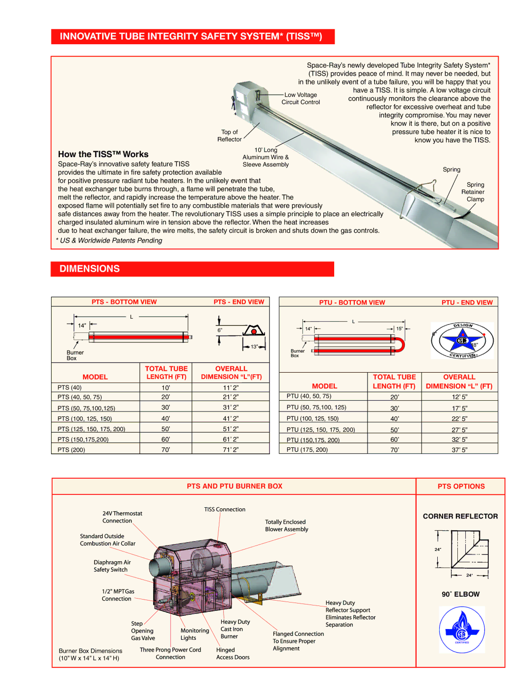 Gas-Fired Products PTS, PTU specifications Innovative Tube Integrity Safety SYSTEM* Tiss, Dimensions 