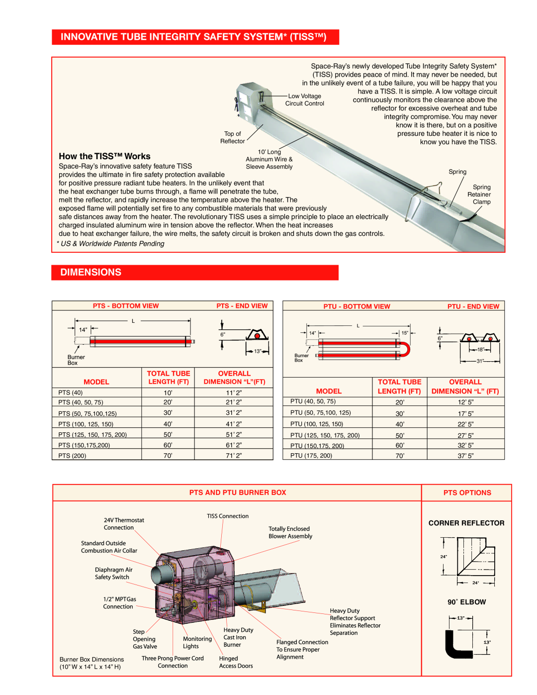 Gas-Fired Products PTS Innovative Tube Integrity Safety System* Tiss, Dimensions, How the TISS Works, Model, Pts Options 