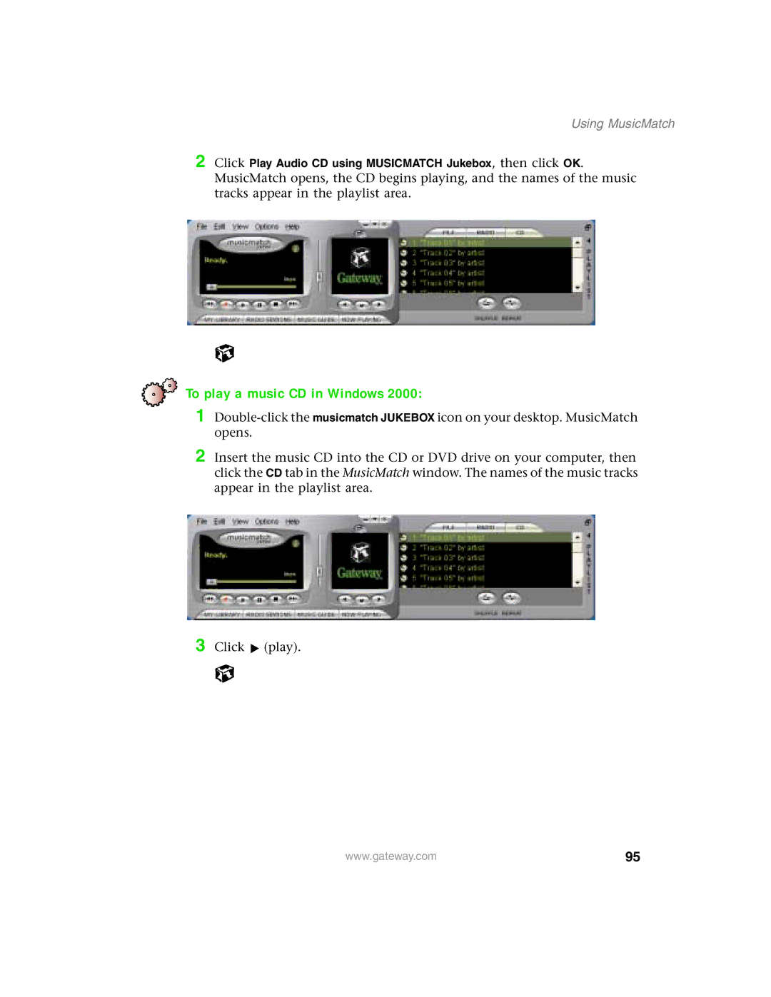 Gateway 1450 specifications To play a music CD in Windows, Using MusicMatch 