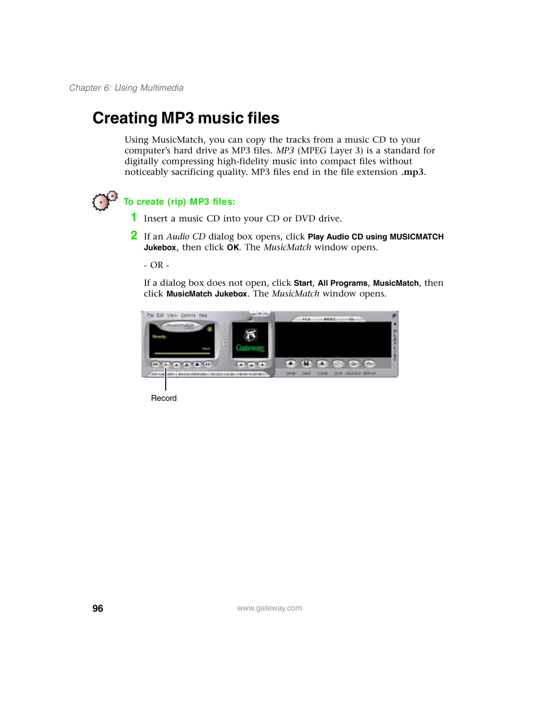 Gateway 1450 specifications Creating MP3 music files, To create rip MP3 files 