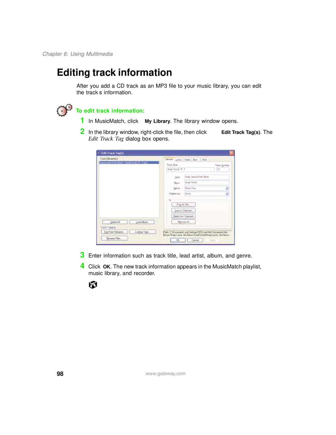 Gateway 1450 specifications Editing track information, To edit track information 